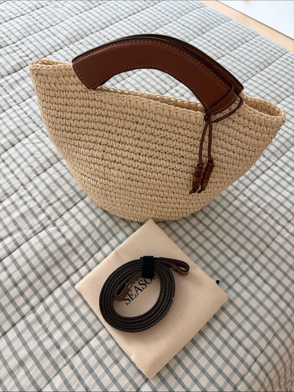 Woven Straw Tote Bag with Brown Leather Handle